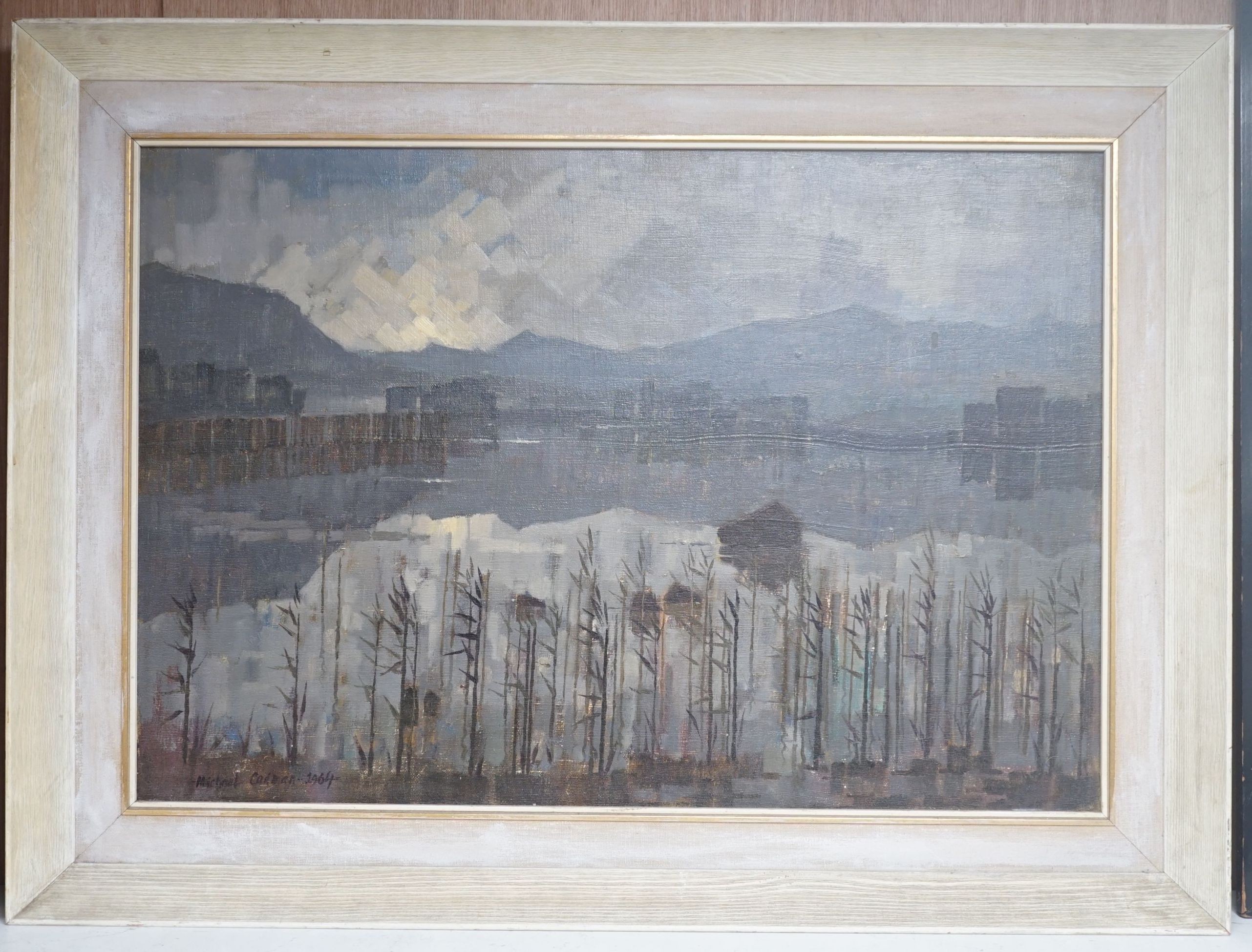 Michael Cadman (1920-2012), oil on board, Lake viewed through reeds, signed and dated 1964, 44 x 65cm